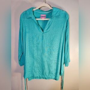 Isaac Mizrahi 100% Linen Turquoise Top Sz M Cover Up